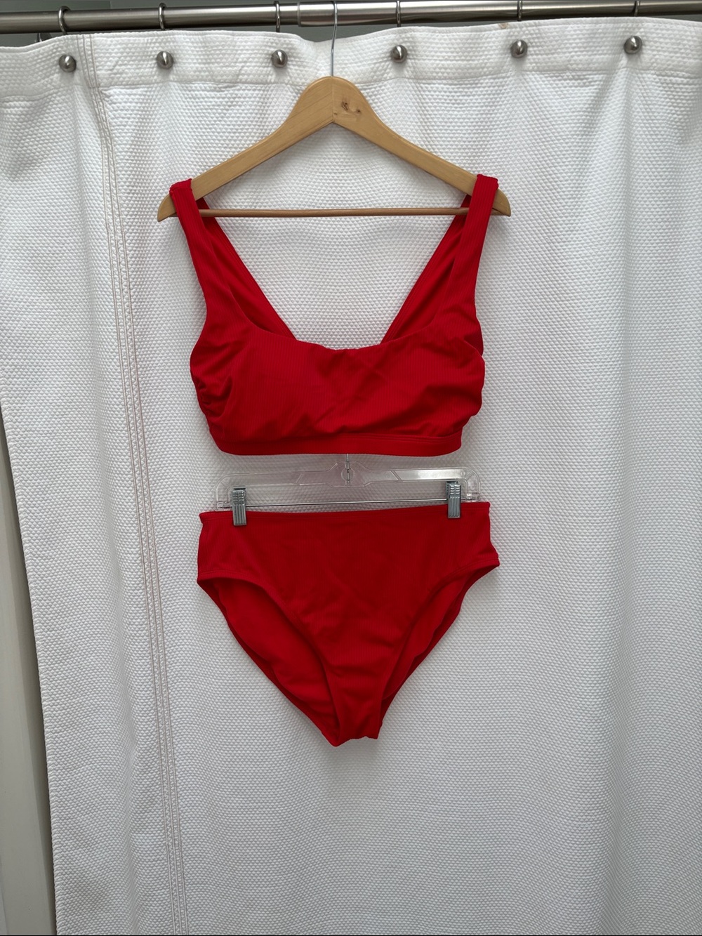 Kona Sol Red Ribbed High-Waist Bikini Set